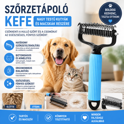 🐾 Gyengéd gubancok és kihullott szőr eltávolítása – Kétoldalas kisállat szőrápoló kefe