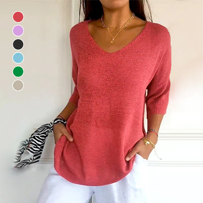 ✨ Jednobarevný pletený top s V-výstřihem – prodyšné pohodlí, minimalistická elegance a nadčasový styl 💎👚