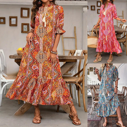 👗Výstřih do V, boho šaty s bočním rozparkem, volného střihu