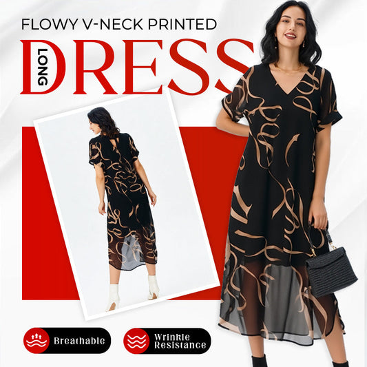✨Výstřih do V s potiskem, dlouhé šaty, lehké, pohodlné, prodyšné, odolné proti mačkání, lichotivé pro všechny typy postavy.👗