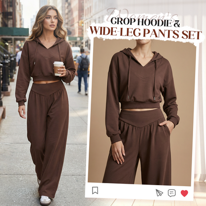 ✨ Flattering 2-Piece Style | Women's Cropped V-Neck Hoodie & High V-Waist Wide-Leg Pants Set