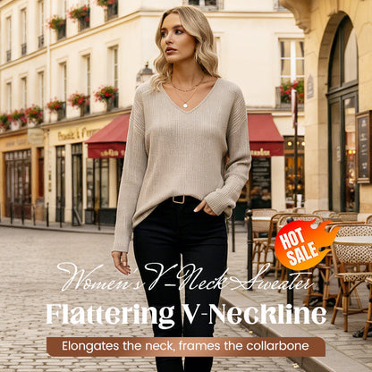 🎀 Elegantní detail na zádech | Dámský pletený svetr s výstřihem do V