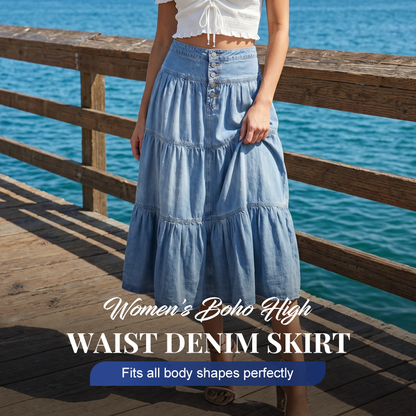 👗 Džínová maxi sukně – vysoký pas, vrstvená, áčkového střihu, s knoflíky vpředu ✨