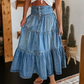 👗 Džínová maxi sukně – vysoký pas, vrstvená, áčkového střihu, s knoflíky vpředu ✨