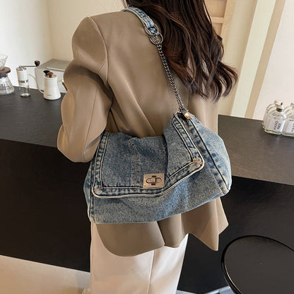 Retro džínová crossbody taška s velkou kapacitou – kovové detaily, lehká a stylová