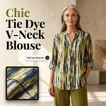 Dámský tie dye set s výstřihem do V a vyhrnovacími rukávy – 2dílná souprava s kalhotami