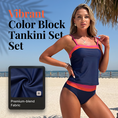 Dámský dvoudílný tankini set s barevnými bloky, konzervativní plavky