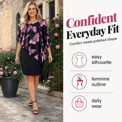 Dámské šaty s květinovým potiskem a pelerínou, bodycon střih