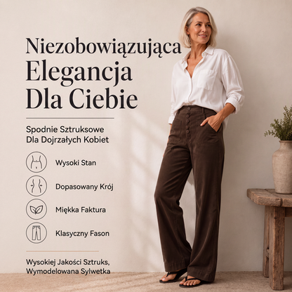 🤎✨ Sametové rozšířené kalhoty s jemnými proužky, vysoký pas, přední knoflíky, klasický střih — zralá elegance, štíhlá, rafinovaná