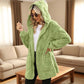 Hooded Fluffy Fleece Cardigan, Textured Check Pattern Open Front Coat with Pockets