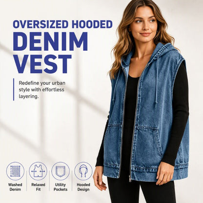 🧥 Sezónní styl | Dámská oversized vesta s kapucí z džínoviny