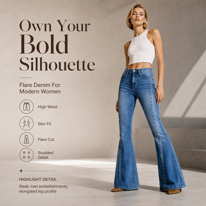 ✨ Výrazný denim styl | Dámské džíny s vysokým pasem a nýtovými detaily, střih do zvonu