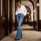 ✨ Výrazný denim styl | Dámské džíny s vysokým pasem a nýtovými detaily, střih do zvonu
