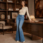 ✨ Výrazný denim styl | Dámské džíny s vysokým pasem a nýtovými detaily, střih do zvonu