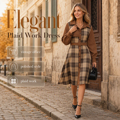 ✨ Polished Elegance | Dámské šaty midi s páskem, kostkovaným vzorem a zapínáním na knoflíky