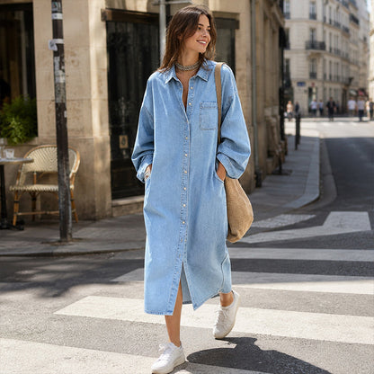 ✨ Snadný denim styl | Dámské volné denimové šaty s knoflíky