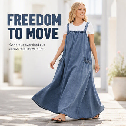 Dámské oversized casual denimové šaty na ramínka maxi