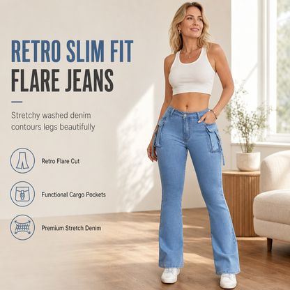 👖 Cargo kapsy, lichotivé zvoncové | Dámské džíny s vysokou elasticitou