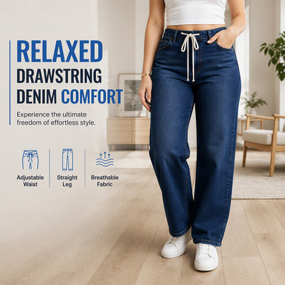 👖 Nastavitelný pas, lichotivý široký střih | Dámské džínové kalhoty se stahovací šňůrkou