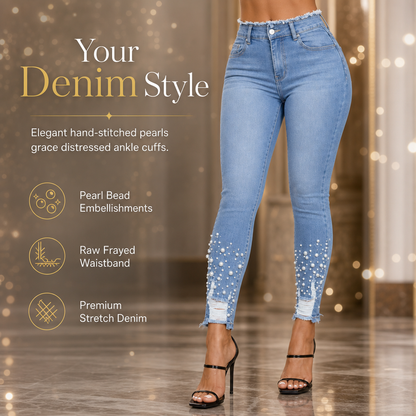 Dámské světle modré džíny skinny slim fit s perleťovou výzdobou, surovým roztřepeným pasem a distressed roztrhanými manžetami u kotníků