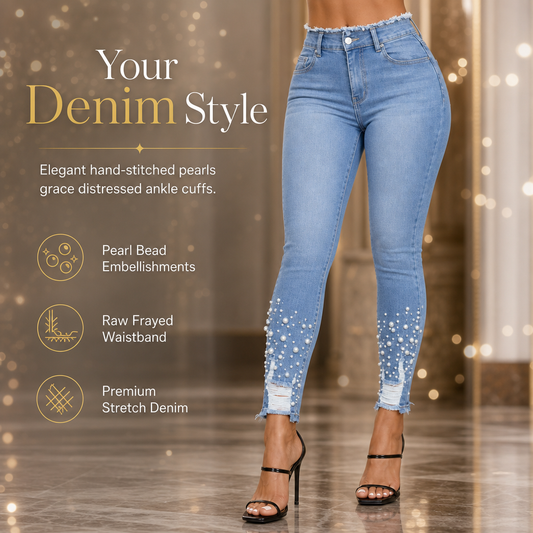 Dámské světle modré džíny skinny slim fit s perleťovou výzdobou, surovým roztřepeným pasem a distressed roztrhanými manžetami u kotníků