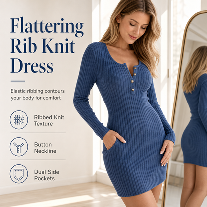 Dámské podzimní zimní jednobarevné dlouhé rukávy slim fit bodycon šaty s knoflíky